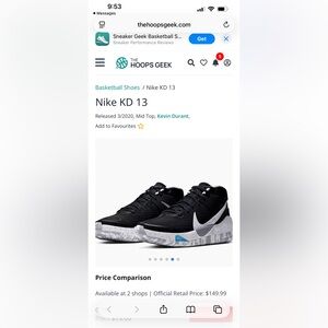 Nike Black and White KD 13 Mid-Top Sneakers size 9.5